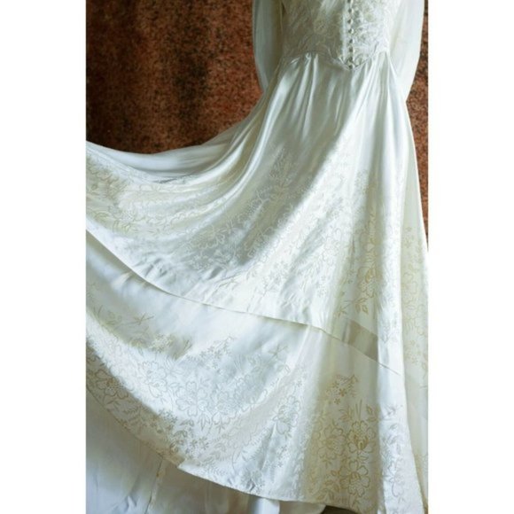 Vintage Light Ivory  Satin Flecked Wedding Dress w Train Detail S/M - Picture 11 of 11